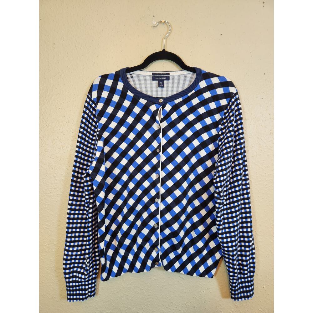 Lands' End Women's Multicolor‎ Criss Cross Check Button Front Cardigan Size XL